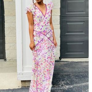 BCBGMAXAZRIA Botanical Floral Ruffled Maxi Dress Size 2